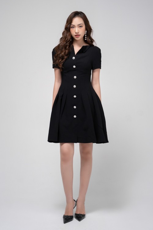 Sixdo Black Slit Neckline Mini Woven Dress